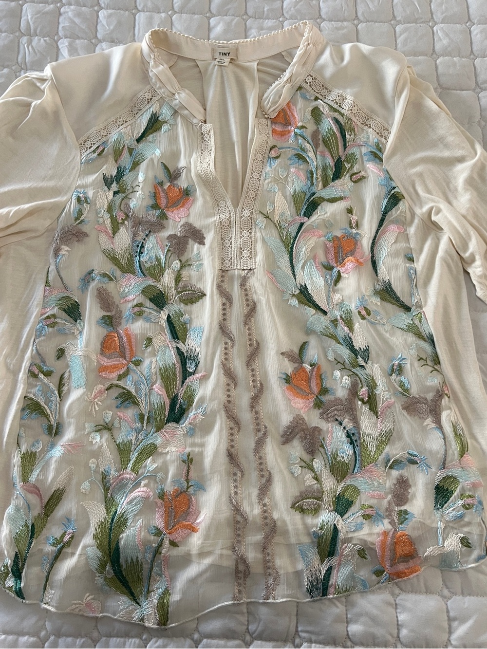 Anthropologie TINY XL cream pastel sheer embroidered dainty floral blouse top - Picture 6 of 14